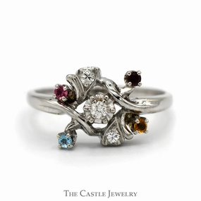 Diamond & Multi Gemstone Cluster Ring in 14k White Gold Layering Essential
