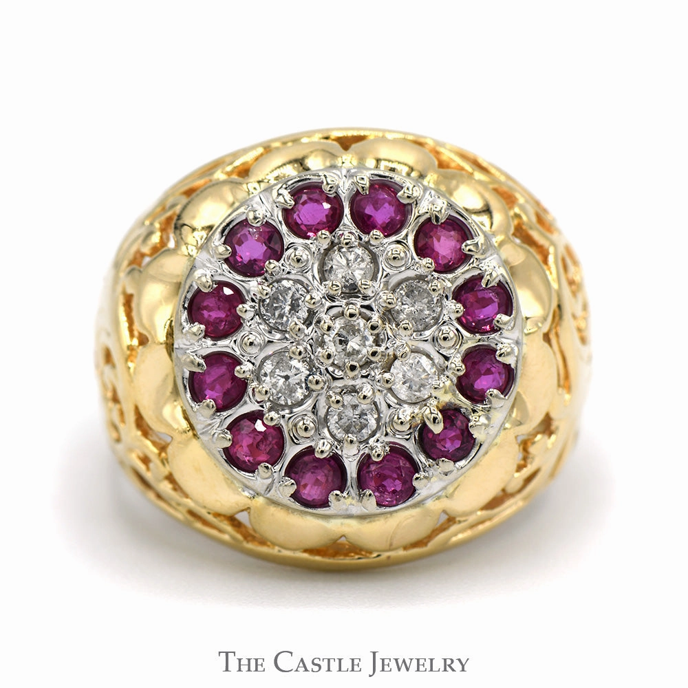 Glam Accent Durable Construction Diamond & Ruby Kentucky Cluster Ring with Open Filigree Sides in 14k Yellow Gold