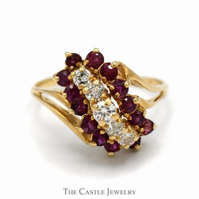 Diamond & Ruby Waterfall Cocktail Cluster Ring in 14k Yellow Gold Split Shank Setting Trendy Vibe