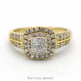 Diamond Cluster Engagement Ring with Double Diamond Halo and Accents in 10k Yellow Gold Adorable Gift