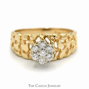 Diamond Cluster Ring with Nugget Designed Sides in 14k Yellow Gold Custom Measurement