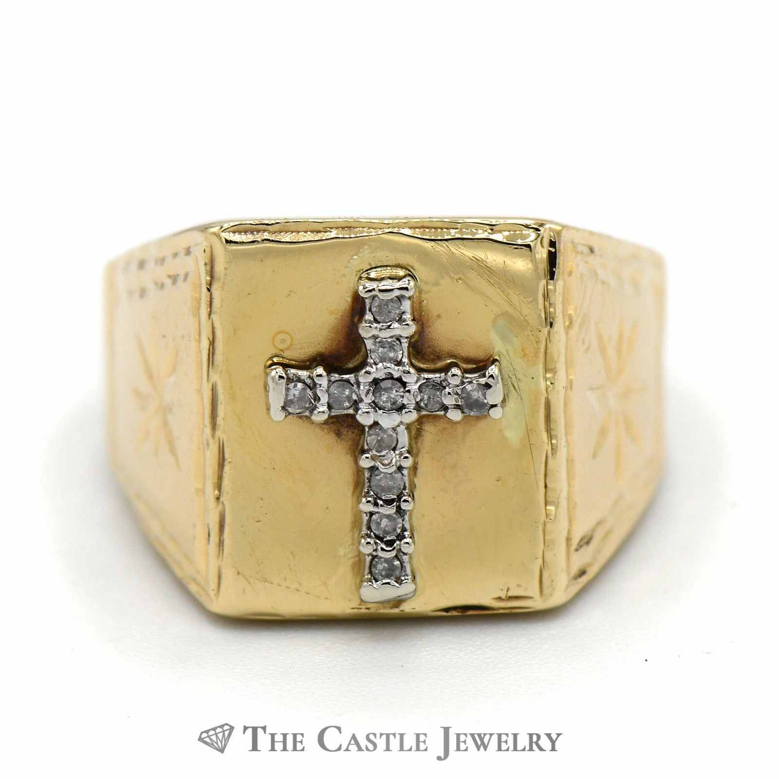 Elegant Product Easy Style Diamond Cross Ring  with Diamond Cut Starburst Sides in 10k Yellow Gold