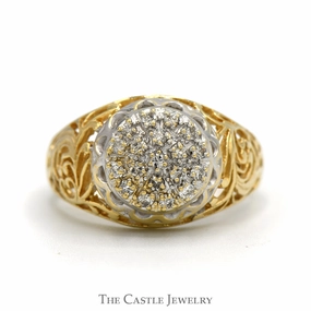 Soft Glow Simple Beauty Diamond Kentucky Cluster Ring with Open Filigree Sides in 10k Yellow Gold