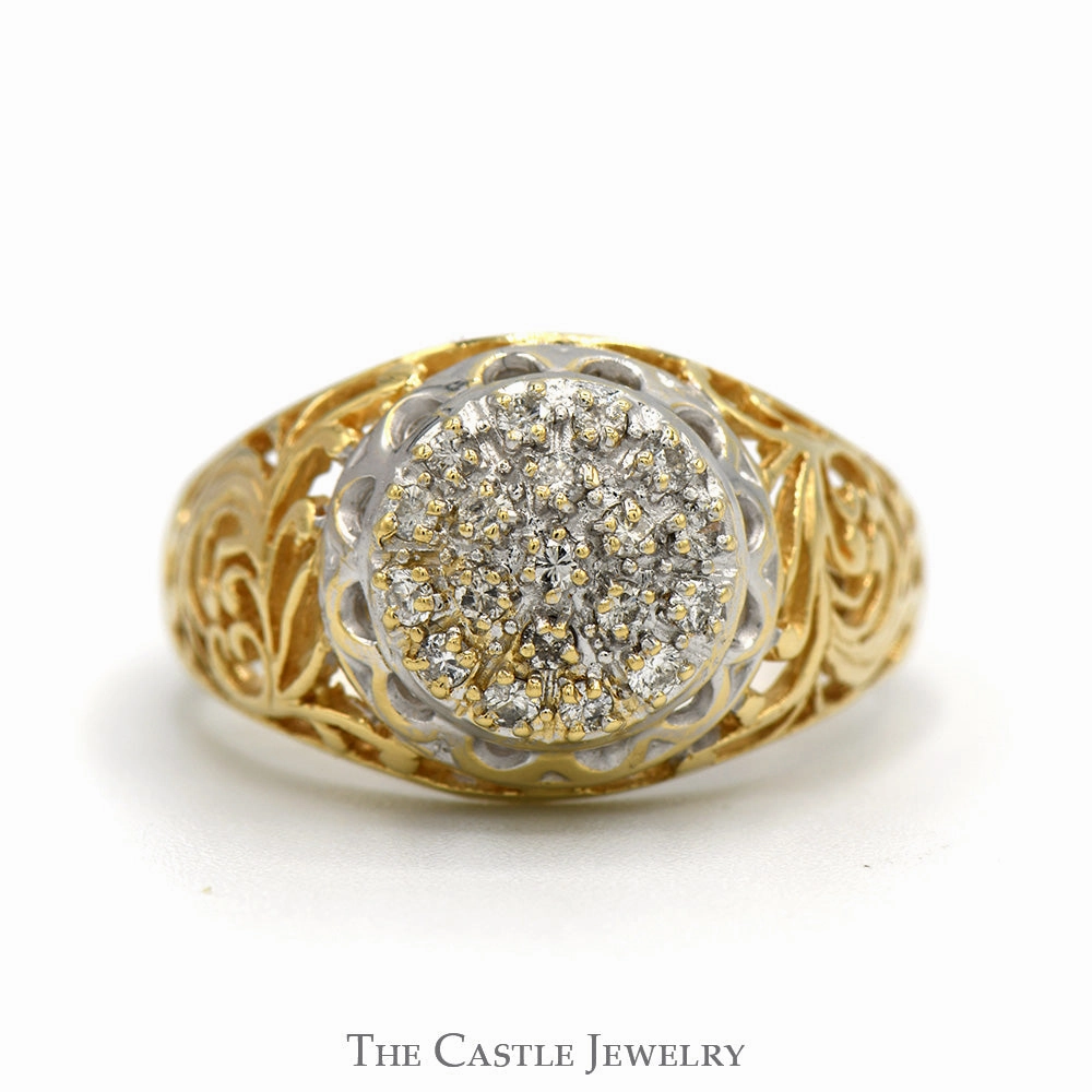 Soft Glow Simple Beauty Diamond Kentucky Cluster Ring with Open Filigree Sides in 10k Yellow Gold