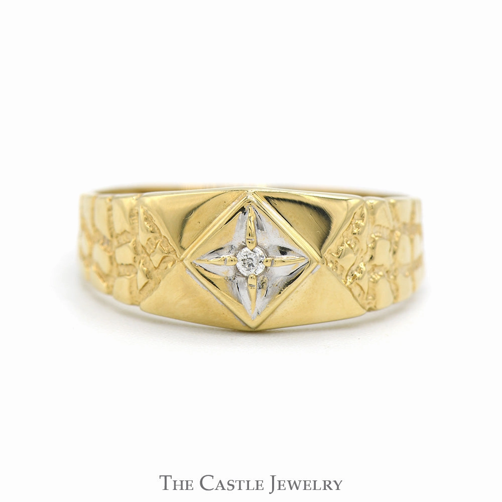 Diamond Solitaire Band with Textured Nugget Sides in 10k Yellow Gold Exquisite Craft