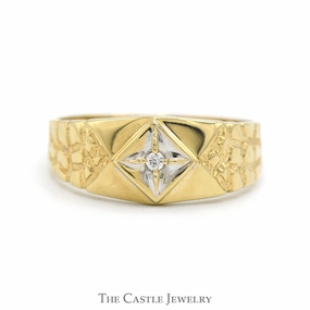 Diamond Solitaire Band with Textured Nugget Sides in 10k Yellow Gold Exquisite Craft