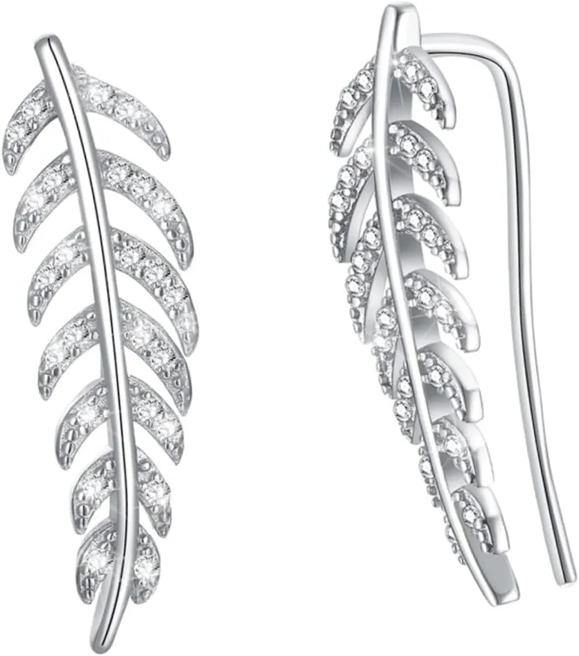 Didiseaon 925 Sterling Zircon Leaf Earrings Leaf Studs Cuff for Women Platinum Plated Earrings for Wedding