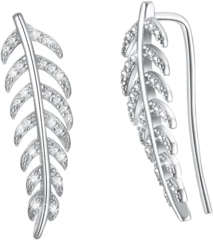 Didiseaon 925 Sterling Zircon Leaf Earrings Leaf Studs Cuff for Women Platinum Plated Earrings for Wedding