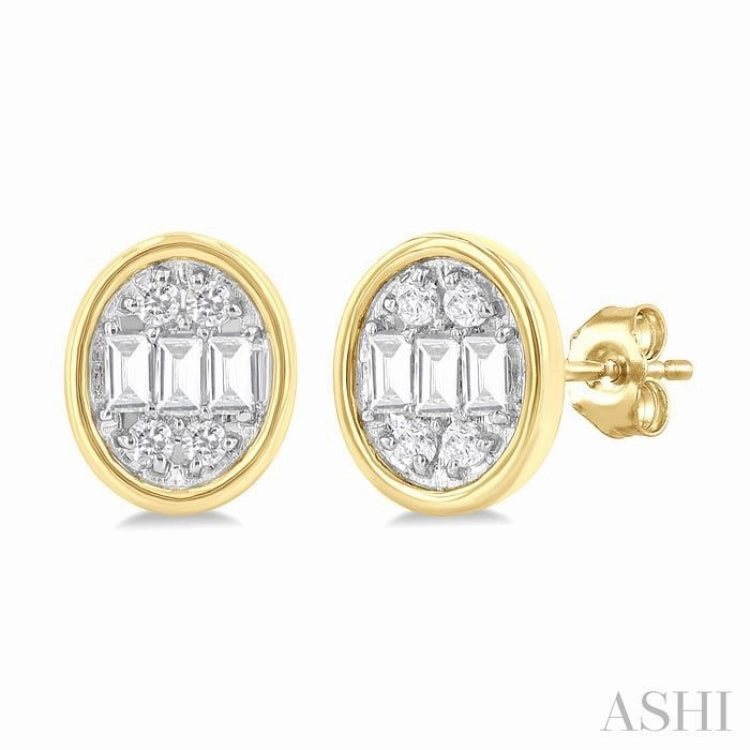 1/5 Ctw Petite Bezel Set Oval Shape Fusion Baguette and Round Cut Diamond Fashion Stud Earring in 10K Yellow Gold Shiny Gem Fresh Feature