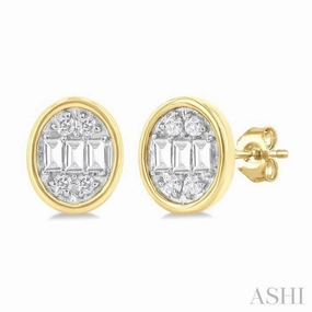 1/5 Ctw Petite Bezel Set Oval Shape Fusion Baguette and Round Cut Diamond Fashion Stud Earring in 10K Yellow Gold Shiny Gem Fresh Feature