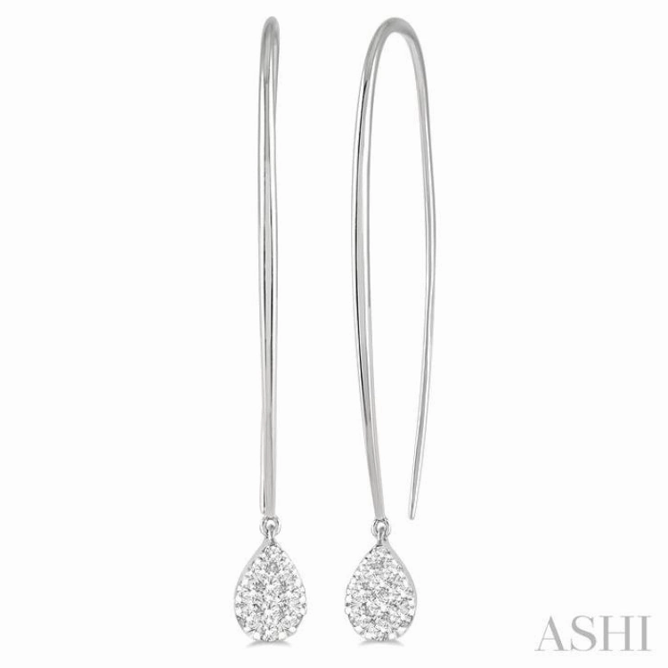 Modern Duo Trendy Outfit 1/3 ctw Pear Shape Dangler Lovebright Round Cut Diamond Earring in 14K White Gold