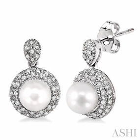 Effortless Piece 6 MM Cultured Pearl and 1/3 ctw Single Cut Diamond Earrings in 14K White Gold