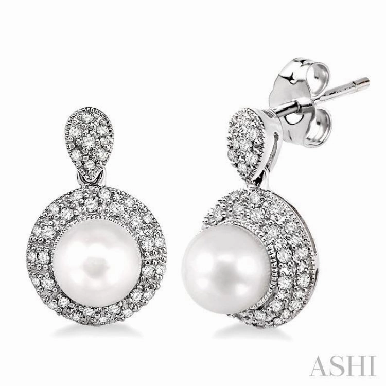 Effortless Piece 6 MM Cultured Pearl and 1/3 ctw Single Cut Diamond Earrings in 14K White Gold