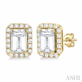 6x4 MM Octagonal Shape White Topaz and 1/4 Ctw Round Cut Diamond Halo Semi-Precious Stud Earrings in 14K Yellow Gold Stylish Accent