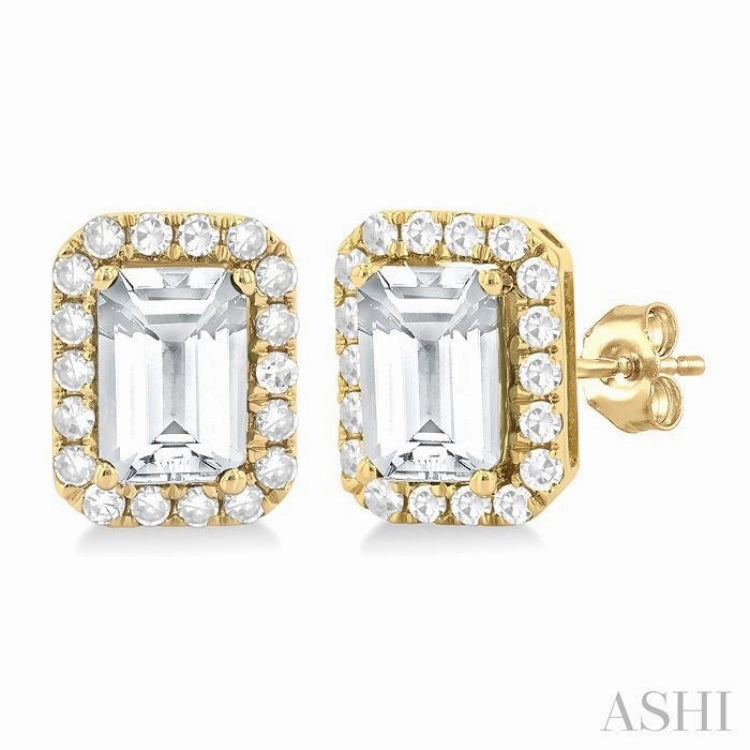 6x4 MM Octagonal Shape White Topaz and 1/4 Ctw Round Cut Diamond Halo Semi-Precious Stud Earrings in 14K Yellow Gold Stylish Accent