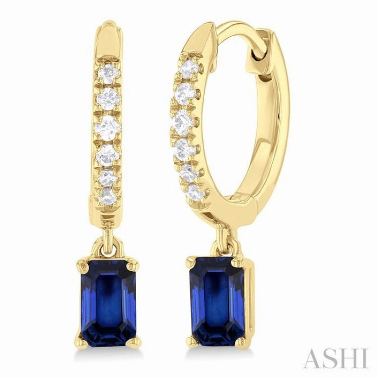 Allure Sparkle 5x3 MM Emerald Cut Sapphire and 1/8 Ctw Round Cut Diamond Precious Petite Fashion Huggies in 10K Yellow Gold