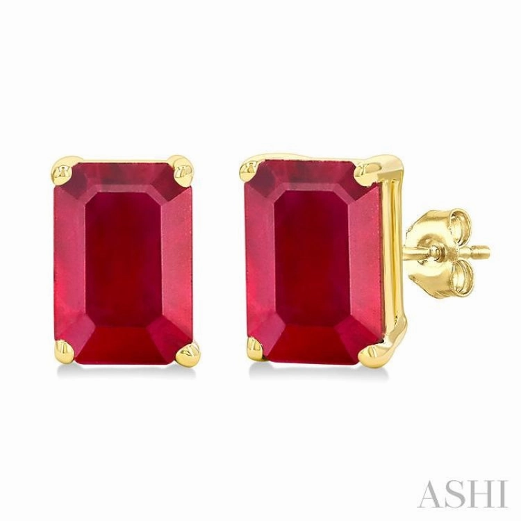 6X4 MM Octagon Shape Ruby Precious Gemstone Stud Earrings in 14K Yellow Gold Minimal Highlight Cool Finish