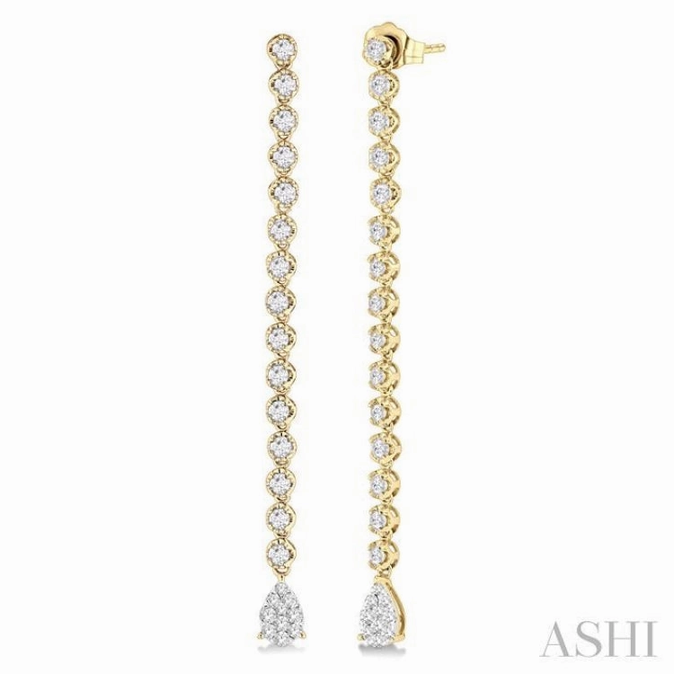 Detail Focus 1 1/4 Ctw Lovebright Pear Shape Dangle Tip Round Cut Diamond Fashion Long Earrings in 14K Yellow and White Gold