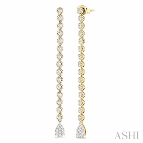 Detail Focus 1 1/4 Ctw Lovebright Pear Shape Dangle Tip Round Cut Diamond Fashion Long Earrings in 14K Yellow and White Gold