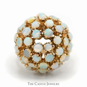 Dome Shaped Opal Cluster Ring with Open Split Rope Designed Sides in 10k Yellow Gold Attire Accent Smooth Finish