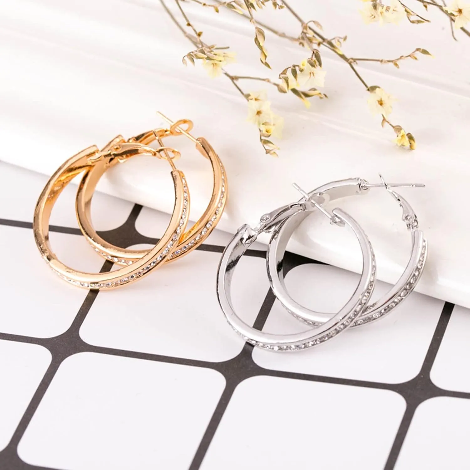 Double Hoop Earring Hoop Crystal Diamond Earrings Gold Plated Alloy Dangle Earring Fashion Jewellery Earrings