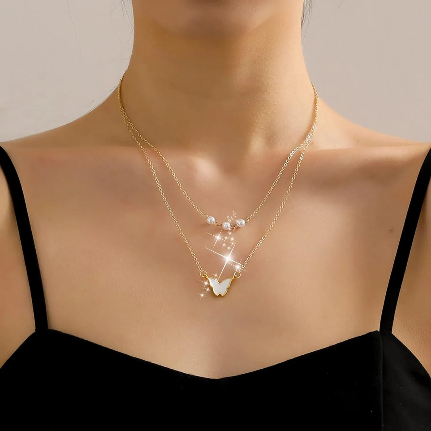 Double Layer Necklace Pearl Butterfly Pendant Necklaces for Women Layering Chain Wedding Necklace (Gold, One Size)