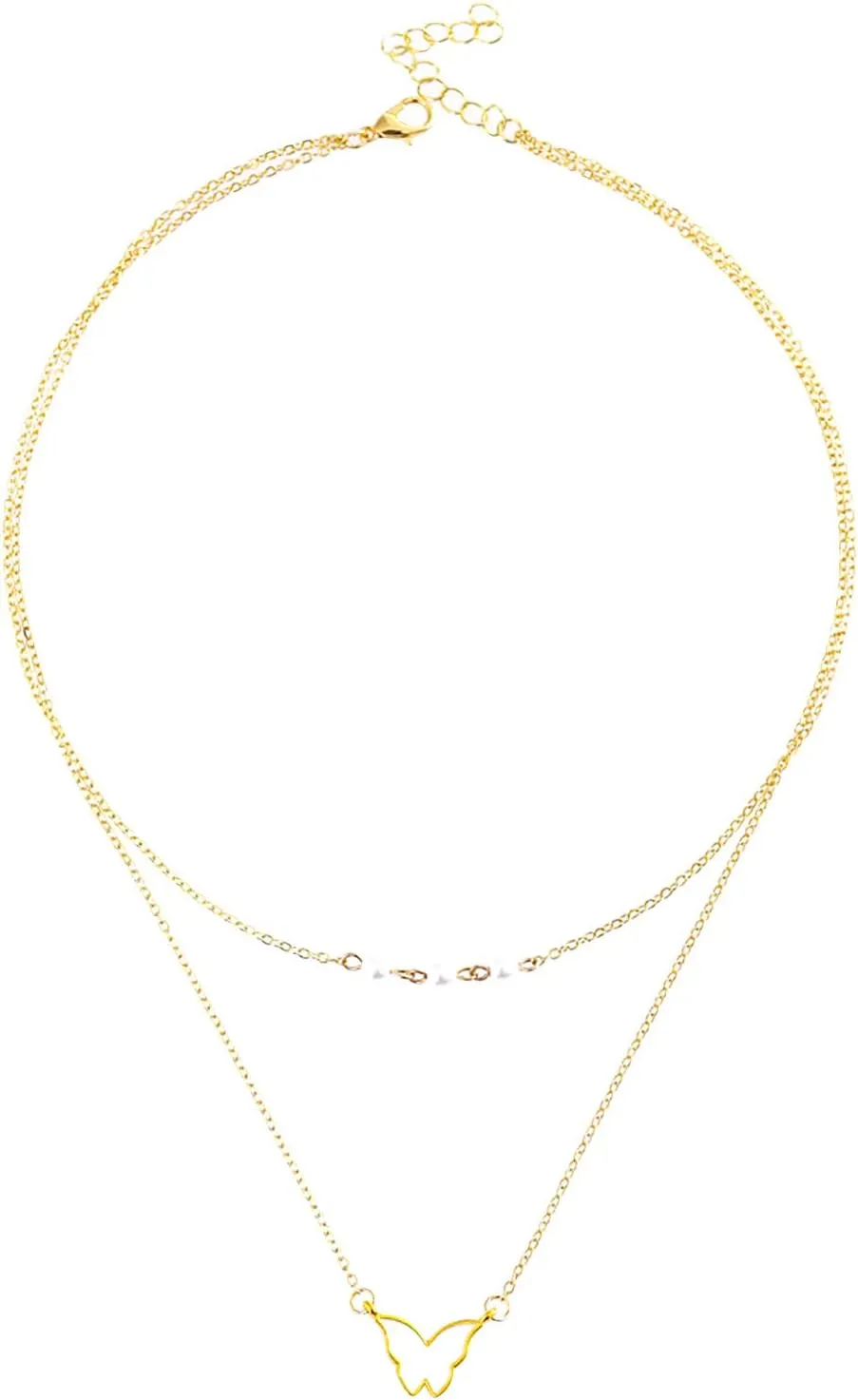 Double Layer Necklace Pearl Butterfly Pendant Necklaces for Women Layering Chain Wedding Necklace (Gold, One Size)