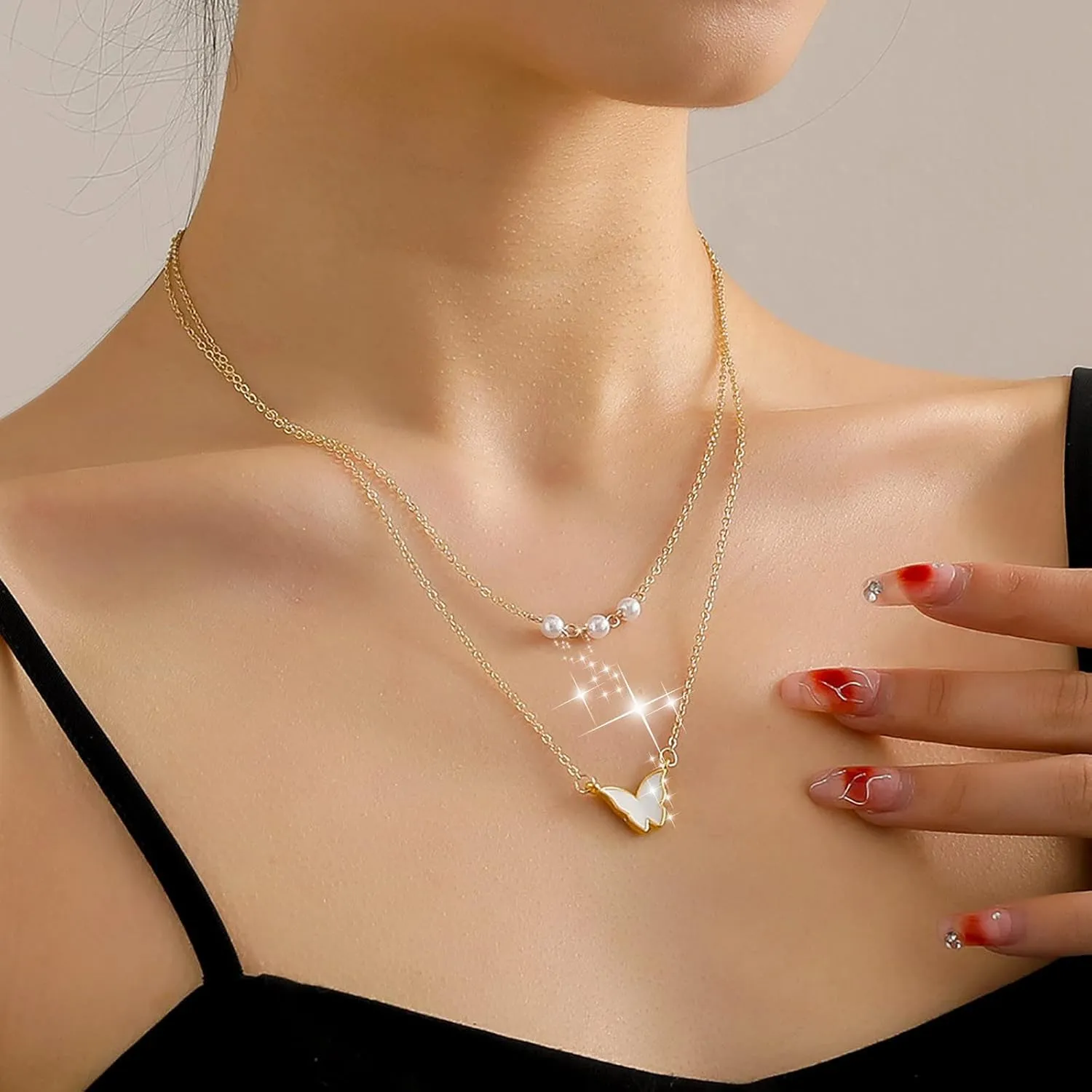 Double Layer Necklace Pearl Butterfly Pendant Necklaces for Women Layering Chain Wedding Necklace (Gold, One Size)