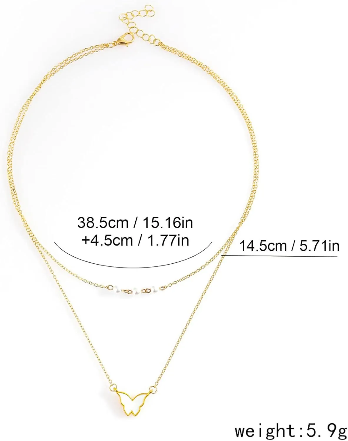 Double Layer Necklace Pearl Butterfly Pendant Necklaces for Women Layering Chain Wedding Necklace (Gold, One Size)
