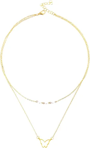 Double Layer Necklace Pearl Butterfly Pendant Necklaces for Women Layering Chain Wedding Necklace (Gold, One Size)