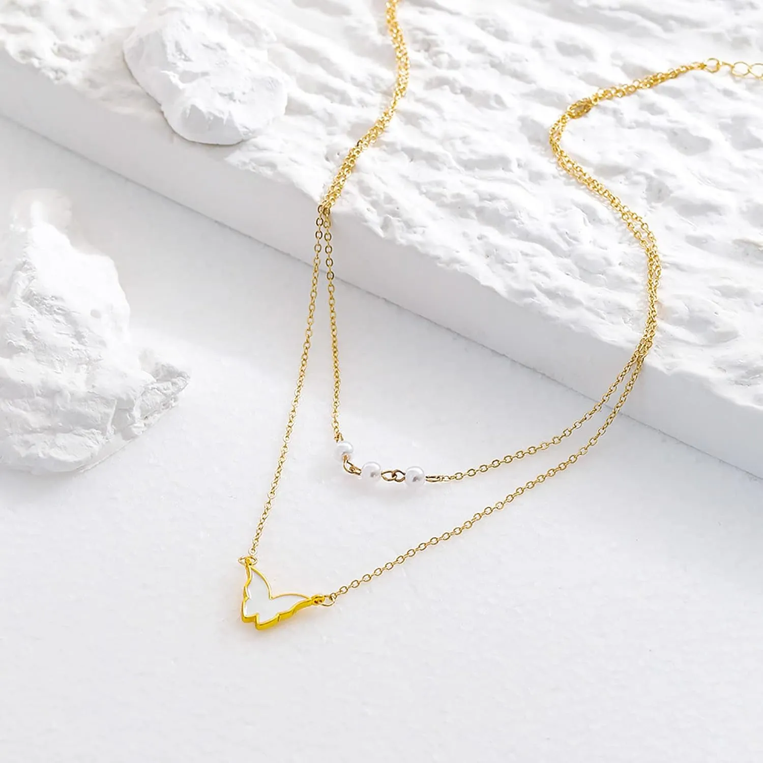 Double Layer Necklace Pearl Butterfly Pendant Necklaces for Women Layering Chain Wedding Necklace (Gold, One Size)