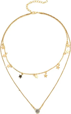 Double Layered Star Choker Star Necklace for Women Charm Choker Zircon Pendant Necklace (Gold, One Size)