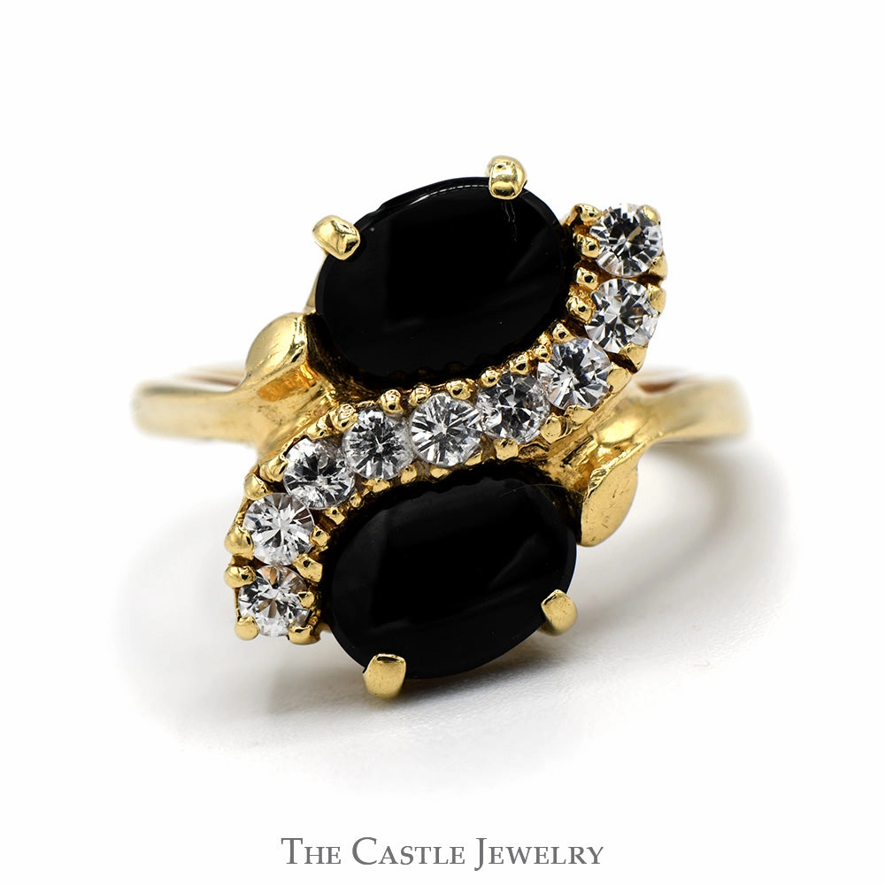 Premium Article Dramatic Effect Double Oval Onyx Ring with White Topaz Accents in 14k Yellow Gold