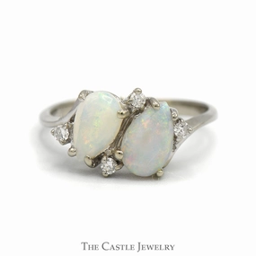 Double Pear Cut Opal Ring with Diamond Accents in 14k White Gold Secure fastening Branded Gift