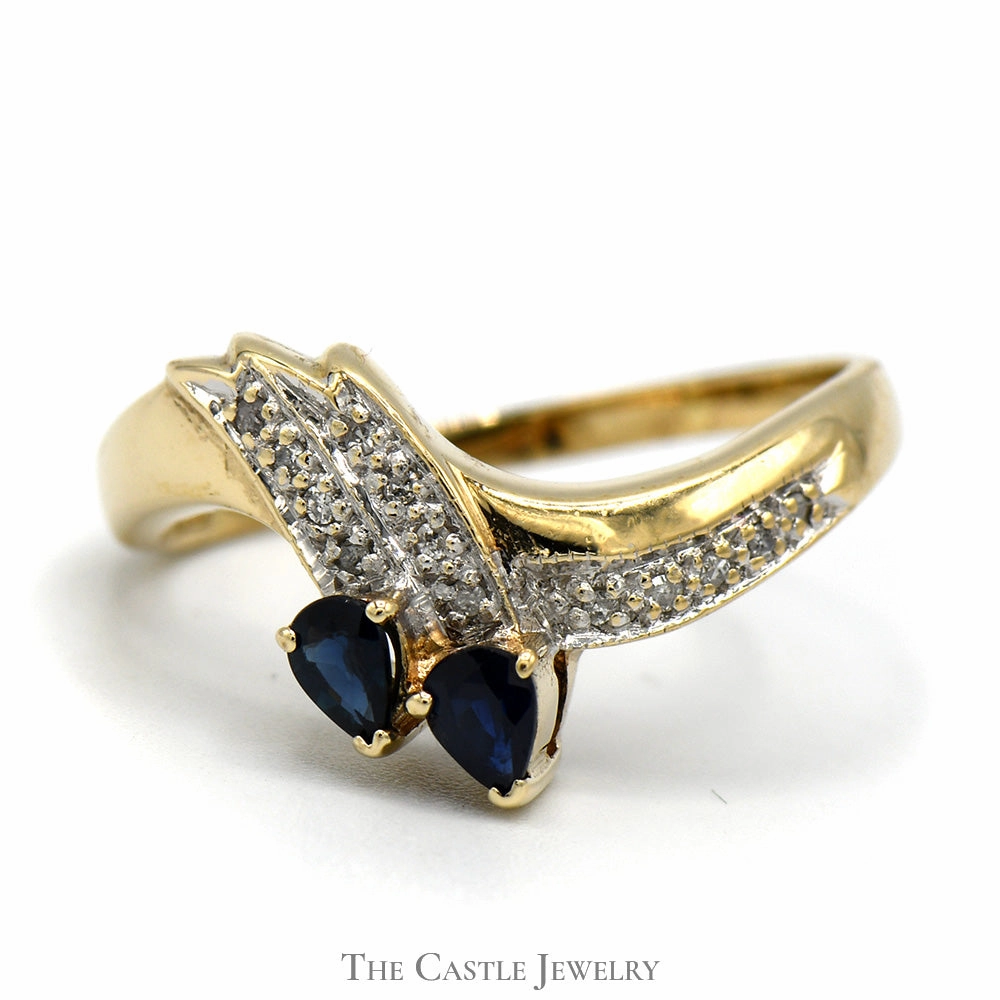 Double Pear Cut Sapphire Ring with Diamond Accents in 10k Yellow Gold Curved Band Minimal accessory