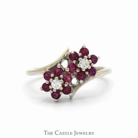 Traditional Creation Double Round Ruby Flower Cluster Ring with Diamond Accents in 14k White Gold