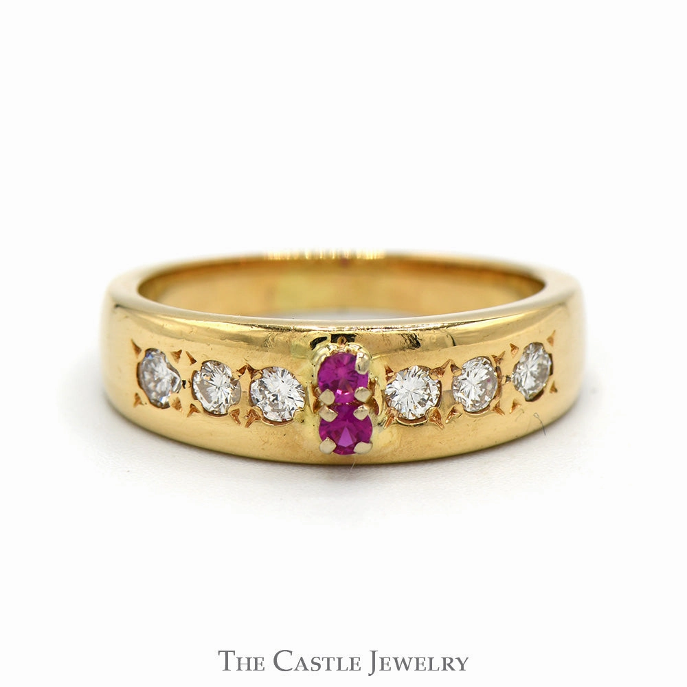 New Arrival Romantic Art Double Round Ruby Ring with Diamond Accents in 14k Yellow Gold