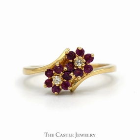 Neat Finish Hand Wash Only Double Ruby Flower Cluster Ring with Diamond Accents in 10k Yellow Gold