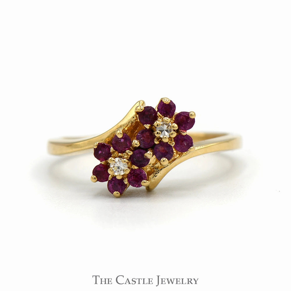 Neat Finish Hand Wash Only Double Ruby Flower Cluster Ring with Diamond Accents in 10k Yellow Gold
