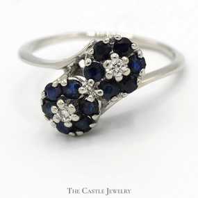 Double Sapphire Flower Cluster Ring with Diamond Accents in 14k White Gold Dynamic Gift Soft Sparkle