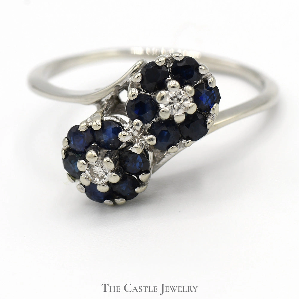 Double Sapphire Flower Cluster Ring with Diamond Accents in 14k White Gold Dynamic Gift Soft Sparkle