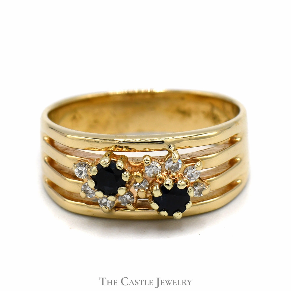 Artisan Decoration Double Sapphire Ring with Interwoven Row of Diamond Accents in 14k Yellow Gold