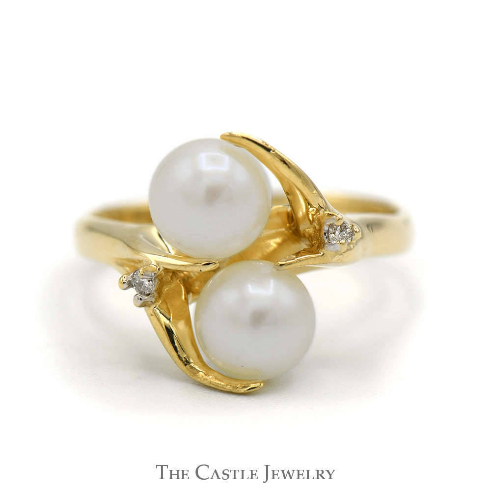 Niche Market Double Pearl Ring with Diamond Accents in 14k Yellow Gold Vine Designed Mounting