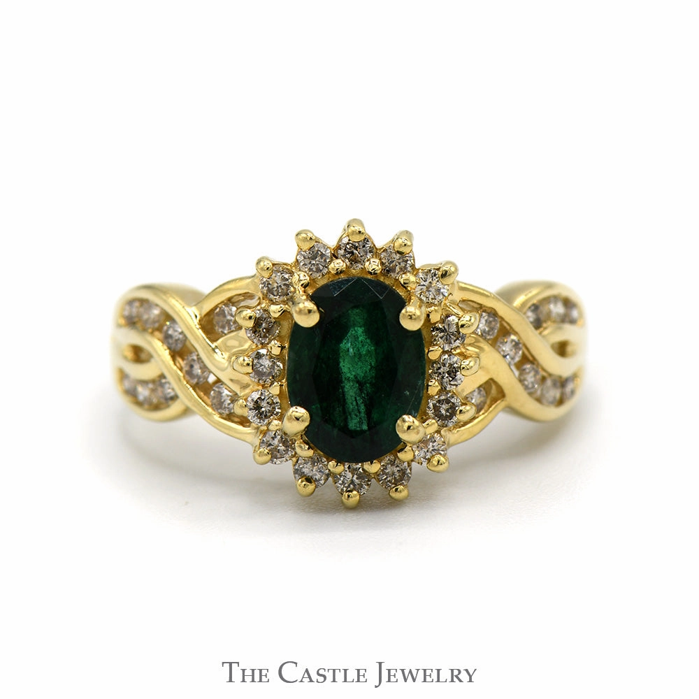 Homecoming Wear Oval Cut Emerald Ring with Diamond Halo and Channel Set Diamond Accented Twisted Sides in 14k Yellow Gold