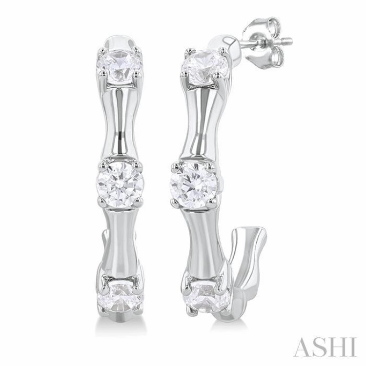 Creative Form Brilliant Sparkle 1/8 Ctw Petite Bamboo Shoot Inspired Round Cut Diamond Fashion Half Hoop Earring in 10K White Gold