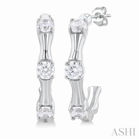 Creative Form Brilliant Sparkle 1/8 Ctw Petite Bamboo Shoot Inspired Round Cut Diamond Fashion Half Hoop Earring in 10K White Gold