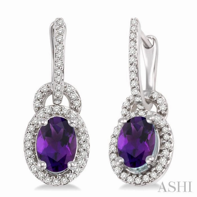 Unique Design Dynamic Shape 7x5 MM Oval Cut Amethyst and 1/3 ctw Round Cut Diamond Earrings in 14K White Gold