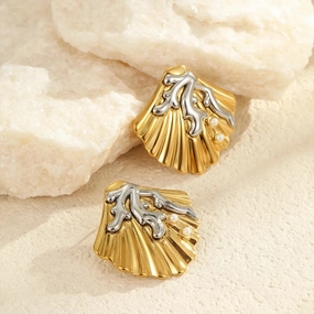 Dual-Tone 304 Stainless Steel 18K Gold Plated Shell Stud Earrings Classic Style
