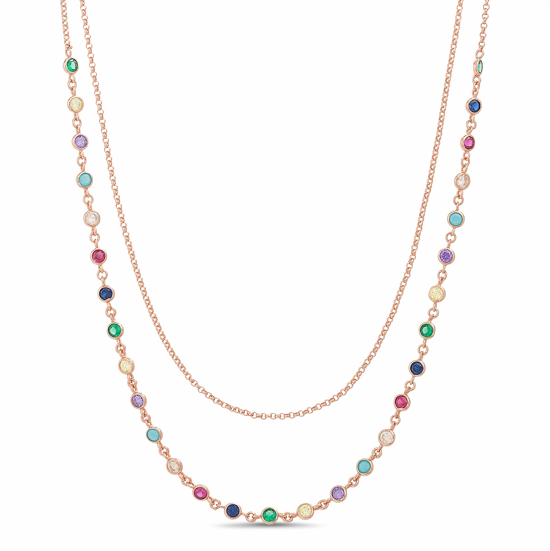 Lesa Michele Rainbow Bezel Set Cubic Zirconia Layer Necklace in Rose Gold Plated Sterling Silver Delicate Touch