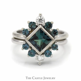 Wonderful Expression HighEnd Jewelry Bezel Set Square Alexandrite Ring with Diamond Accents and Matching Band in 14k White Gold